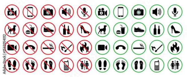 Obraz A vector icon set of prohibited and allowed activities with symbols inside red and green circles. Includes icons for camera, phone, smoking, shoes, pets, and more. Isolated on white background.
