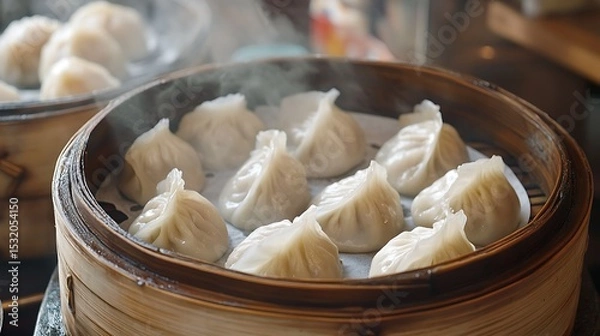 Fototapeta Steaming Dumplings in Bamboo Steamer Basket Close Up