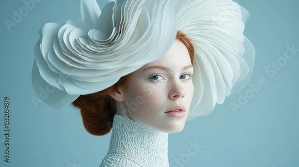 Fototapeta Female model with an intricate, avant-garde hairstyle resembling flower petals, her expression calm and confident as she looks at the camera on a plain blue background.
