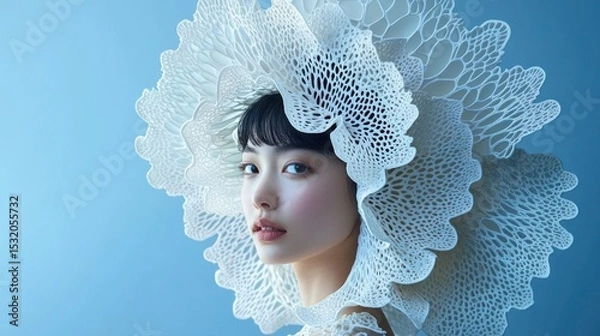 Fototapeta The girl is a model with an intricate avant-garde hairstyle resembling flower petals.