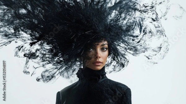 Fototapeta A female model with an avant-garde hairstyle, featuring exaggerated volume and asymmetrical shapes, gazes directly into the camera against a minimalist white background.