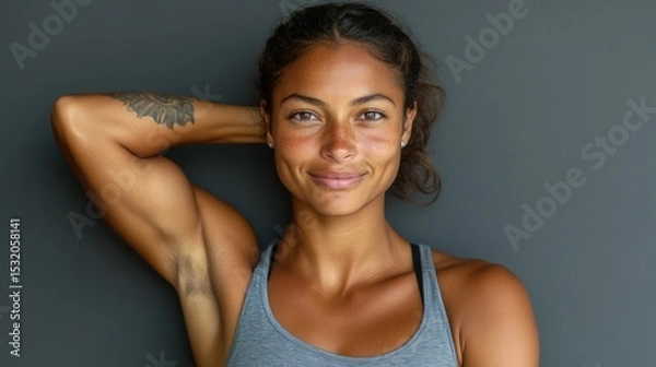 Fototapeta A young woman, with her arm flexed and her biceps showing, smiles proudly at the camera against a simple gray background.