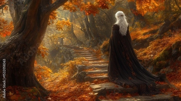 Fototapeta A woman with white hair stands by an old stone path in a park surrounded by ancient oak trees, with a carpet of fallen leaves covering the ground.