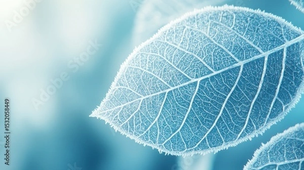 Fototapeta A close-up of a stylized frost-covered leaf, with its veins outlined by delicate ice crystals, set against a blurred, cool-toned background.