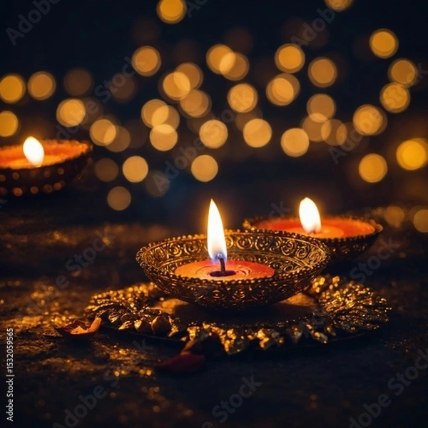 Obraz Golden Diwali Oil Lamps Displayed Against a Bokeh Light Backdrop