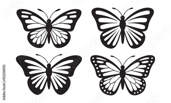 Obraz Set of butterfly vector illustrations in black and color versions with symmetrical wing designs isolated on white background

