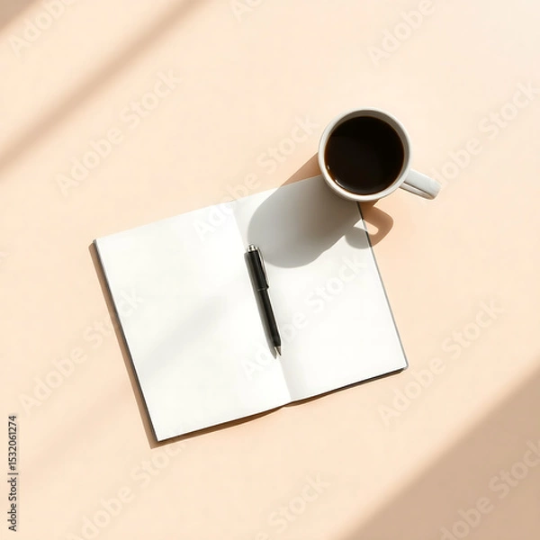 Fototapeta Cup of coffee with blank notepad and pen on a wooden desk for morning work with natural light shadow simple minimalist workspace