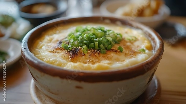 Fototapeta Serving of Savory Egg Custard Topped with Scallions in Bowl