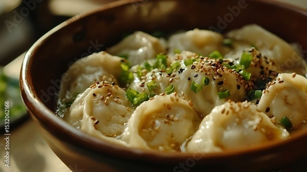 Fototapeta Serving of Dumplings in Bowl with Sesame Seeds and Herbs
