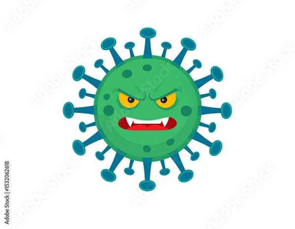 Fototapeta A virus character with an evil expression, isolated on a transparent background, png.  Submicroscopic infectious agent. Illustration. Graphic resource. Design material.