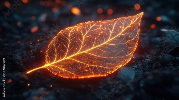 Fototapeta A close-up of a stylized leaf with intricate luminous veins that seem to be illuminated from the inside, against a dark background.