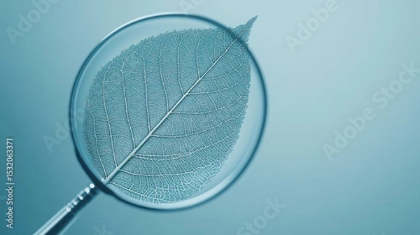 Fototapeta A highly detailed macro of a stylized leaf under a magnifying glass effect, with its complex vein network and subtle texture brought into sharp focus, set against a minimalist backdrop.