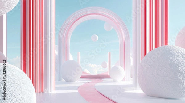 Fototapeta Pastel Fashion Pink and White 3D Landscape with Geometric Arches, Floating Spheres, and Smooth Surfaces, Minimalist Digital Art, Serene and Calm Abstract Design, High-Quality Render