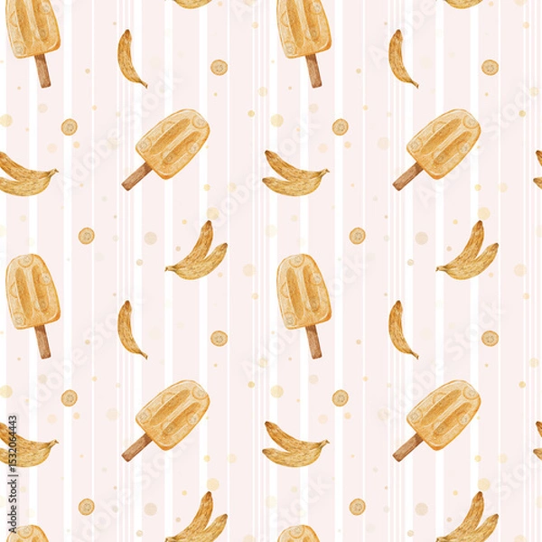 Obraz Stripe Summer Ice Cream Background. Seamless watercolor pattern with Banana fruit ice cream. Design for menu and textile, wrapping, scrapbooking and stationery