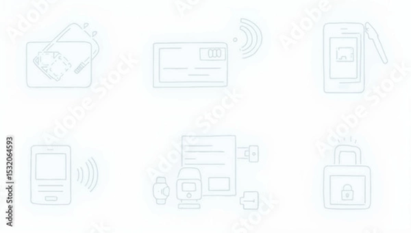 Fototapeta "Payment wireless and scan Vector Icon Set | Adjustable Line Weight | Contactless, credit card, NFC, transaction, terminal, mobile, wallet, smart watch, secure, wireless, tap, digital"
