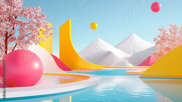 Fototapeta 3D Cartoon Lowpoly Abstract Vibrant Landscape with Geometric Shapes, Colorful Mountains, Floating Spheres, and Cherry Blossom Trees, Futuristic Surreal Scene, Bright Pastel Colors, Digital Art Concept