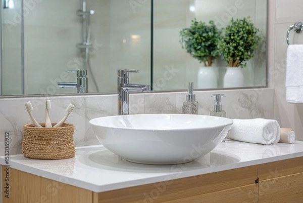 Obraz Bathroom vanity with white sink, toothbrushes, and accessories