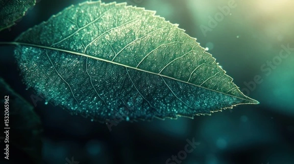 Fototapeta A close-up shot of a beautifully designed leaf, with its vibrant green color highlighted by soft lighting that filters in from behind, creating a translucent and almost glowing effect on the veins.