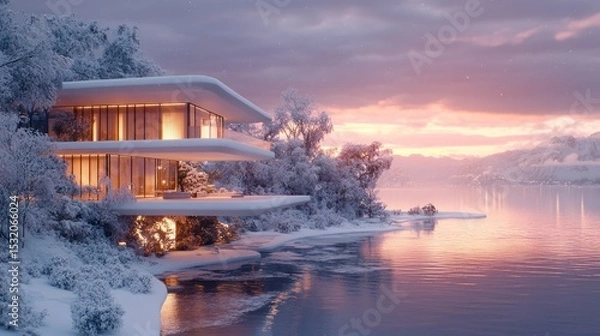 Fototapeta A modern two-story house coated in heavy snow, surrounded by snow-dusted trees and a frozen lake nearby, with a dramatic pink and purple winter sunset in the background.