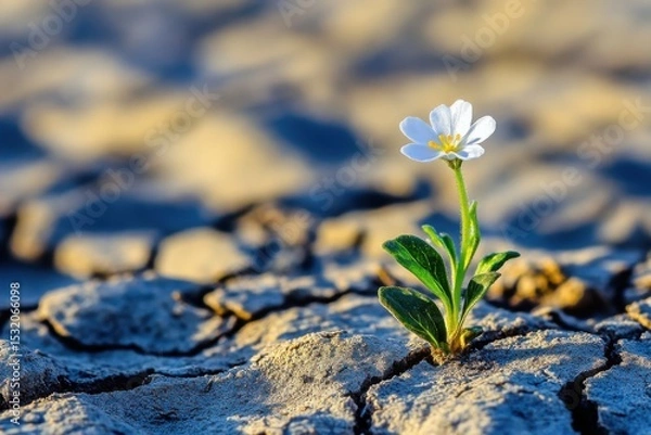 Obraz Single white flower growing in cracked earth on white background