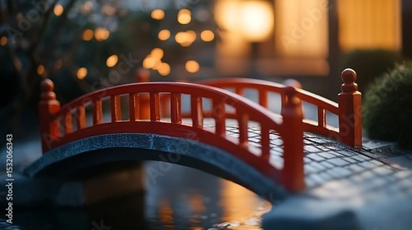 Fototapeta Walking Over an Arch Bridge in a Garden at Dusk