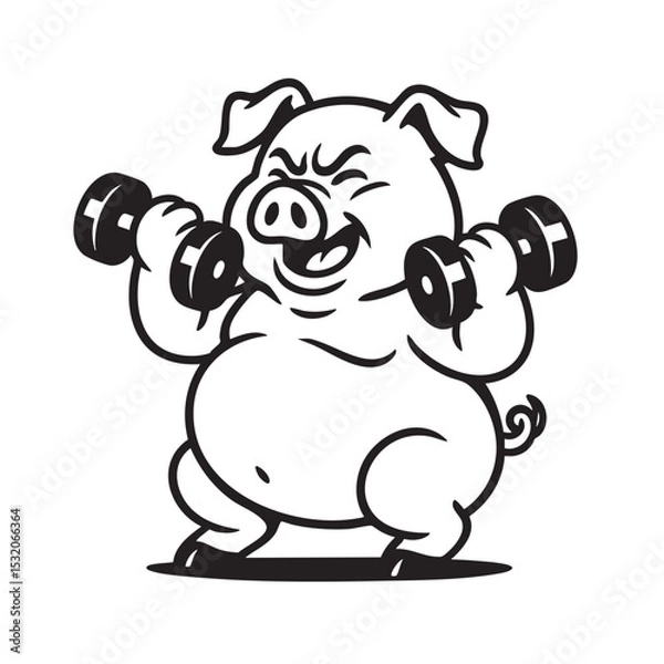 Obraz Funny monochrome illustration of a fat pig lifting dumbbells with a determined face. Cartoon fitness concept, bold lines, isolated on white background.