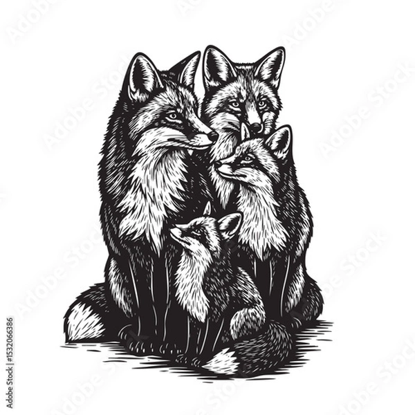 Obraz Four detailed black and white foxes, a family unit, sit together. Ideal for nature, wildlife, or family themes. Animals.