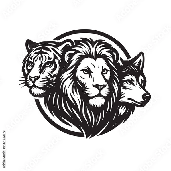 Obraz Monochrome logo style illustration of a tiger, lion, and wolf in a circular emblem. Bold lines, fierce expression, isolated on white background. Wildlife Animals.