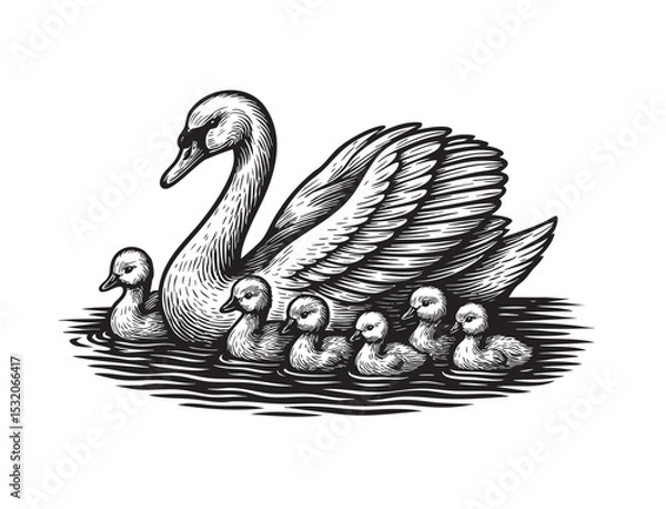 Obraz Monochrome vector illustration of a swan and baby swan swimming on water. Elegant family scene in bold ink style, isolated on white background.