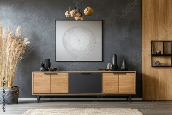 Obraz Interior with wooden cabinet, artwork, and pampas grass on white background