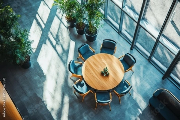 Obraz Overhead view of round table with blue chairs and potted plants