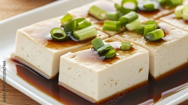 Fototapeta Preparing Tofu with Sauce and Greens on White Plate