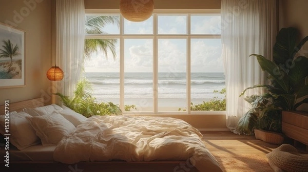 Fototapeta A serene, spacious bedroom with a large, comfortable bed, a full wall of glass revealing the vast ocean, and soft, neutral tones blending seamlessly with the coastal scenery outside.