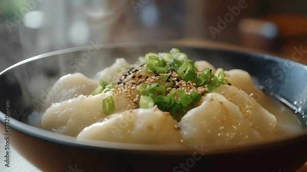 Fototapeta Steaming Dumplings in Broth with Scallions and Sesame Seeds