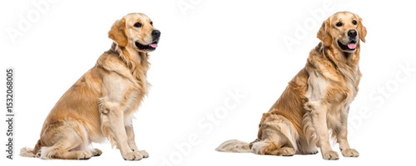 Fototapeta Set of Attentive Golden Retriever Dog Sitting in Profile with Head Turned to Camera, White Background 