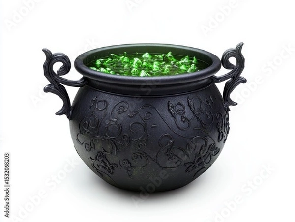 Obraz Black cauldron with green liquid on white background