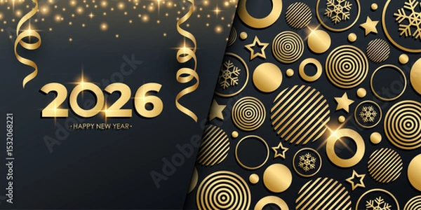 Obraz 2026 Happy New Year festive banner with golden Christmas balls, stars and snowflakes. Glittering sparks and serpentine ribbons. Black and gold colors. Vector illustration.