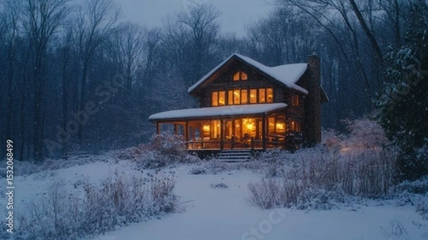 Fototapeta A rustic two-story cabin-style house covered in snow, nestled in the woods, with snow gently falling and soft lights illuminating the windows from within.