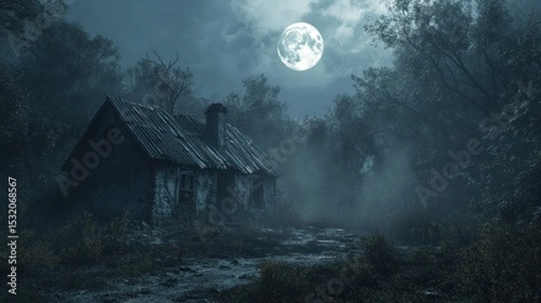 Fototapeta A small, eerie hut with crooked walls and a crumbling chimney, isolated in a dense forest under the pale light of a full moon, with fog swirling around its base.