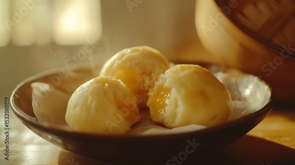 Fototapeta Serving Steaming Buns on a Plate with Sweet Filling