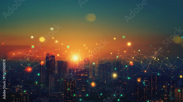 Obraz Smart city with connection network reciprocity over the cityscape social media networking systems that connects on the peak of success amid tall, innovative Smart city and graphs with statistics