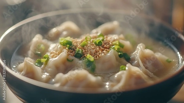Fototapeta Steaming Dumplings in Broth Topped with Green Onions and Sesame Seeds