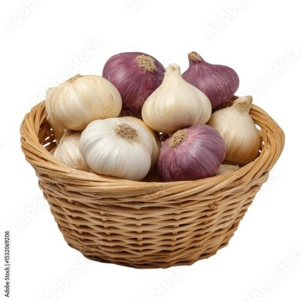 Fototapeta Wicker basket of garlic and onions isolated on white background
