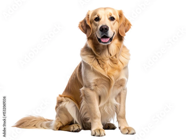 Fototapeta Golden Retriever Sitting Calmly and Staring Forward, Studio Pet Portrait on White. 