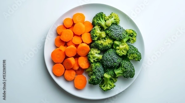 Fototapeta Arrangement of Fresh Broccoli and Carrot Slices on White Plate