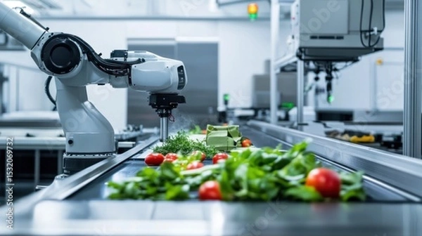 Obraz Automated food processing line.  Robots handling fresh produce on a conveyor belt