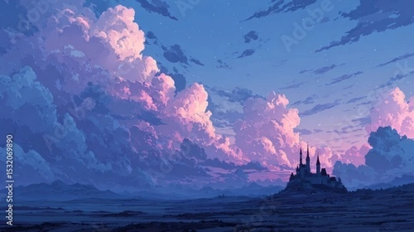Fototapeta Serene Twilight Over Enchanted Castle Surrounded by Majestic Clouds with Vibrant Colors and Dreamy Atmosphere Captivating the Imagination