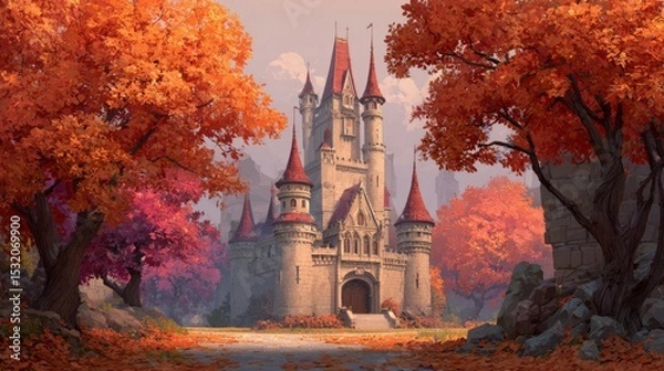 Fototapeta Enchanted Castle Surrounded by Vibrant Autumn Foliage with Majestic Spires and Stone Walls, Capturing the Essence of Fantasy Landscapes in Nature