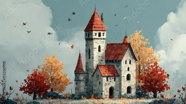 Fototapeta Enchanting Stone Castle Surrounded by Autumn Trees and Colorful Leaves Under a Gray Sky in a Whimsical Landscape Scene