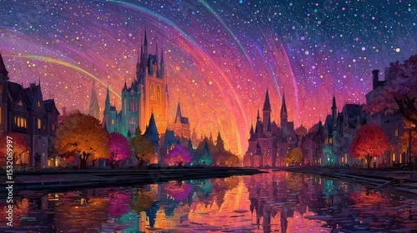 Fototapeta Enchanting Fantasy Cityscape at Night with Sparkling Stars, Colorful Buildings, and Reflections on the Water Surface